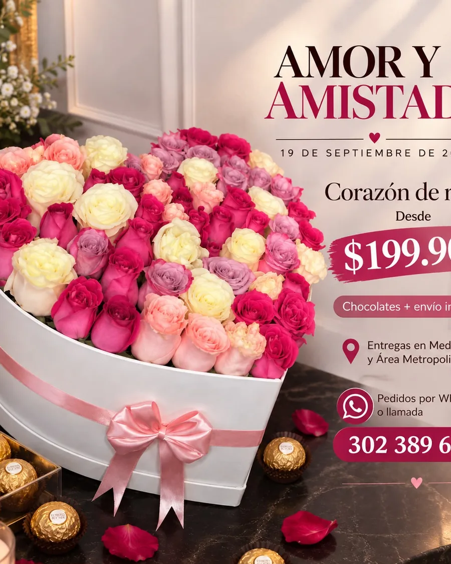 Corazón de rosas con chocolates